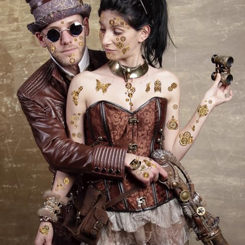 HOWAF Steampunk Temporary Tattoos Steampunk Face Tattoos, Steampunk Accessories Steam Punk Cogs and Gears Fake Tattoos, Halloween Tattoos Halloween Face Tattoo for Steampunk Halloween Costume