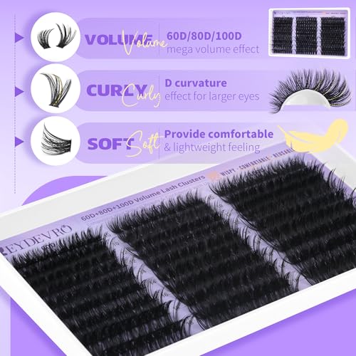 EYDEVRO Volume Lash Clusters 60D80D100D Eyelash Clusters Full Thick Cluster Eyelash Extensions D Curvature 10-18mm Individual Lashes Mega Volume Cluster Lashes DIY Lash Extensions at Home