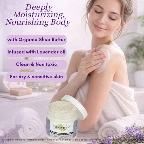 Essance Natural Lavender Body Butter 120mL | Shea Butter Raw Organic Cream for All Skins | Soft Body Cream for Hands, Feet, All Areas | Daily Body Cream for Women, Men