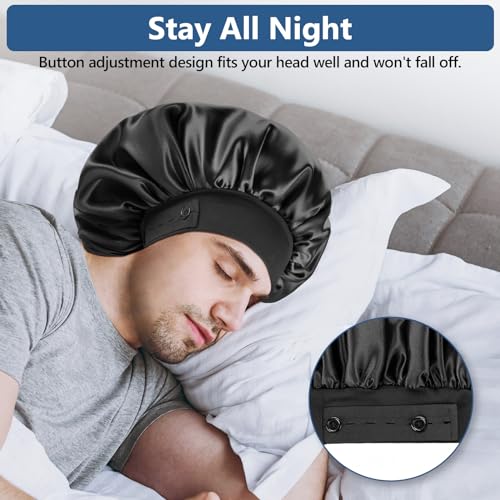 Silk Bonnets for Men, Satin Bonnet for Sleeping, Adjustable Hem & Double Layer, Large Sleep Bonnet for Curly Hair Braids Stay on All Night (Black)