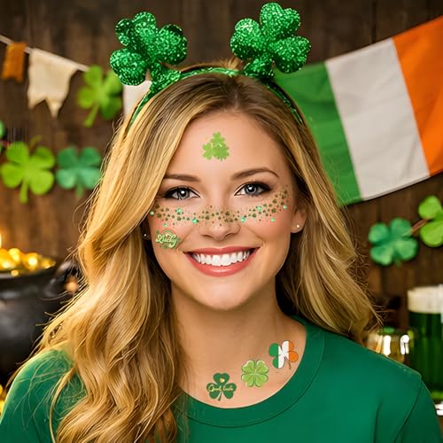 Glitter Freckles Face Tattoo, St Patrick's Day Glitter Shamrock Temporary Tattoos with Green Face Gems, Faux Freckles Saint Patricks Day Accessories Makeup Art Decorations Gift for Women