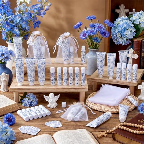 Loopeer 60 Sets Blue Floral Bridal Shower Hand Cream and Lip Balm Gift Bulk Blue Flower Wedding Favors Travel Size Hand Lotion and Lip Balm Wedding Bridal Baby Shower Party Supplies for Guests