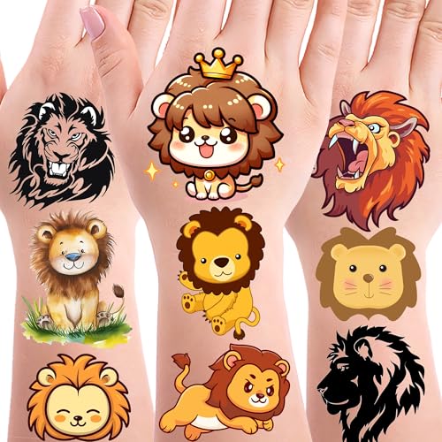 176PCS Lion Tattoos Temporary Stickers Cute Animal Halloween Safari Jungle Birthday Party Supplies Decoration Favors Goodie Bag Stuffers Tattoo