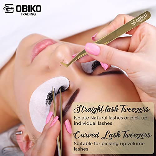 Obiko Eyelash Extension Tweezers Set 2 Piece Golden Straight And Curved Lash Tweezer Set For Women,Ideal For Precise Application And Correction