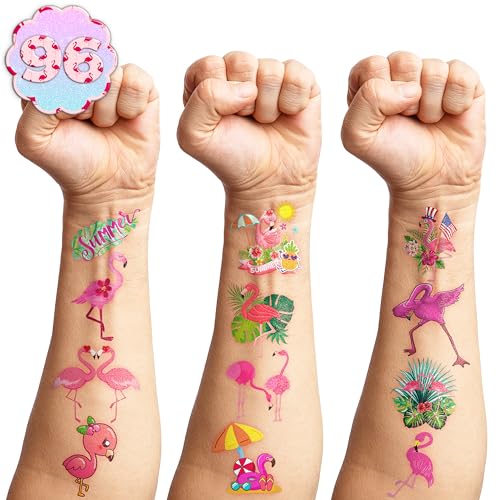 96 PCS Funny Flamingo Pre-Cut Temporary Sticker Summer Tropical Flower Hawaiian Luau Birthday Supplies Gifts Girls Boys Baby Showers Prizes Cute School Reward Themed (Normal)