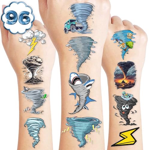 96PCS Tornado Pre-Cut Temporary Tattoos ? Twonado Theme Birthday Party Decorations, Cute Storm Stickers Favors, Gifts for Kids Boys Girls, School Supplies, Prizes, Rewards