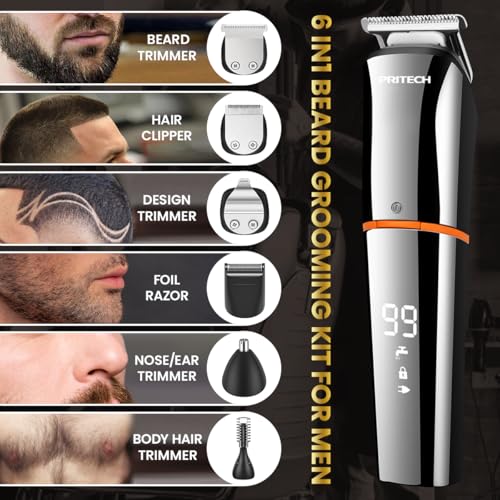 PRITECH Beard Trimmer for Men,6 in 1 Hair Clippers Kit, Precision Cordless Grooming Kit Waterproof IPX6 for Beard, Hair, Body, Nose, Ear, with Foil Razor (Silver)
