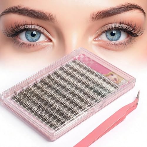 Lash Clusters Kit 120 Pcs Individual Eyelash Clusters 10-16mm D Curl, DIY Lash Extension Kit with Lash Glue, Sealant & Tweezers, Natural Fluffy Fake Lashes for Home Use, Beginners Friendly
