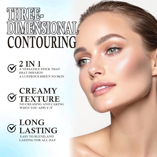Dual Ended Cool Toned Contour&Champagne Shimmer Highlighter Stick, Cold Grey Creamy Long Lasting Bronzer&Brightener Pen, Blendable Smooth Nose Contouring Stick for Pale Fair Skin Facial Makeup