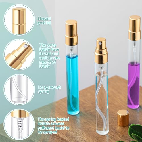 Zhehao 50 Pcs Mini Spray Bottles 10 ml Clear Glass Perfume Bottles Refillable Fine Mist Perfume Atomizer Portable Empty Sample Containers for Cleaning, Essential Oils, Travel (Gold Cap)