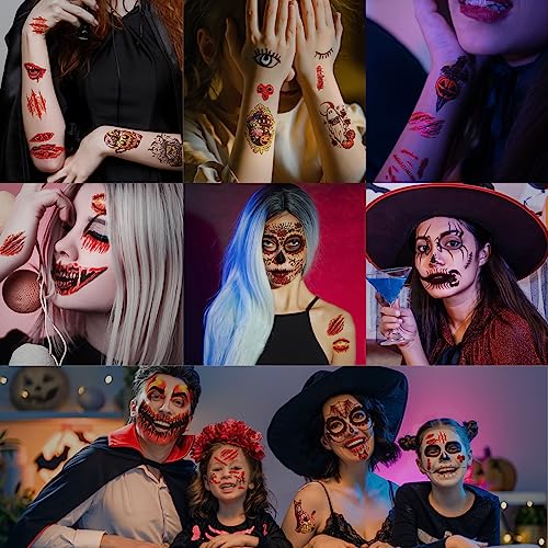 50 PCS Halloween Prank Makeup Face Tattoos Adult Women Men, 10PCS Horror Scary Halloween Face Mouth Tattoos Stickers, 40PCS Witch Ghost Pumpkin Jack Tiny Tattoo for Costume Cosplay Party Kit