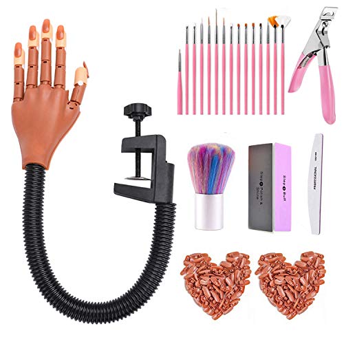 Nails Trainning Practice Hand for Acrylic Nail, Adjustable Fake Model Hands for Nails Practice, Flexible Movable Nail Tools Kits with Nail File, Nail Clipper, 200pcs Nail Tips and15 PCS Nail Brushes