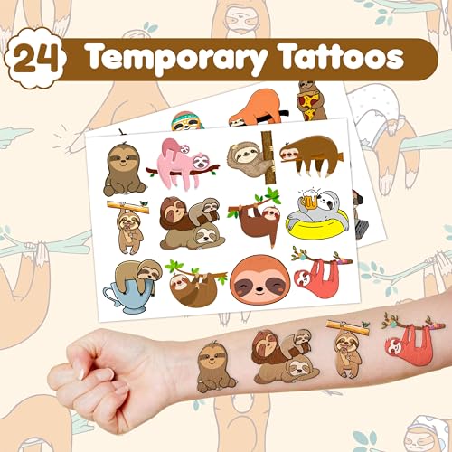 48 PCS Sloth Party Set: 24 PCS Temporary Tattoos & 24 PCS Slap Bracelets - Themed Gifts for Kids, Girls, Boys - Perfect for Birthday Parties, Baby Showers, Classroom Rewards, Party Decorations