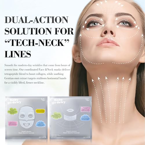 Baby Go Dewy Bio-Collagen?Peptide Face Mask Sheets ? Gleam Foil Intensive Overnight Hydrate Face?&?Neck Masks for Moisturizing, Firming & Lifting Care ? 8 Count(4 Face Masks + 4 Neck Masks)