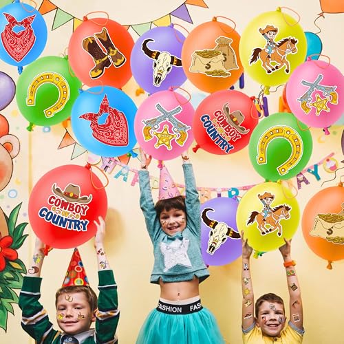 72 PCS Cowboy Party Favors for Kids ? 48 Pre-Cut Temporary Tattoos & 24 Cowboy Punch Balloons Themed Birthday Party Decorations Supplies Favors Gifts, Goodie Bag Fillers, Classroom Rewards
