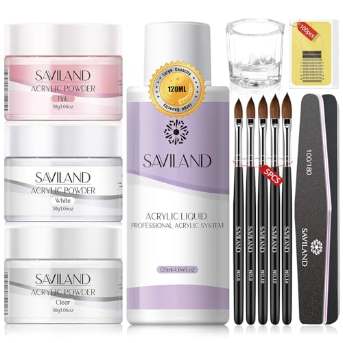 SAVILAND Acrylic Nail Kit: Big Capacity Acrylic Liquid 120ml and 30g Clear Pink White Powder Set with 5 Sizes Brushes for Beginner Nail Kit for Full Professional Nail Art Designs Home DIY Salon Gift