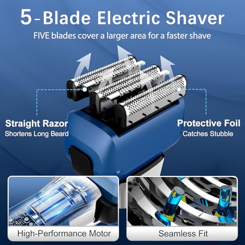 Electric Razor for Men, 2-Speed 5-Blade Electric Shavers for Men Face Cordless Rechargeable, Mens Foil Shaver Shaving Machine Wet Dry Men's Travel Razors for Man Close Shaving Face as Gift, Blue