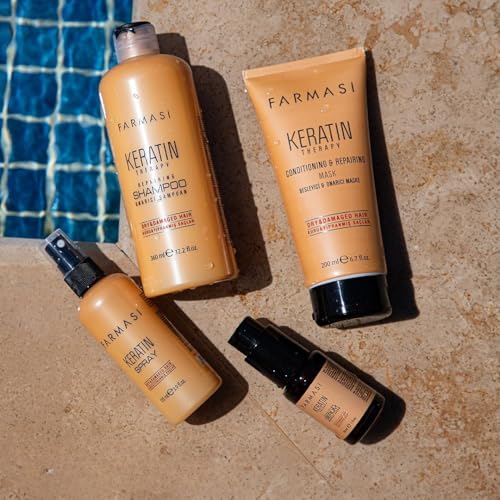 FARMASi Keratin Therapy Hair Care Set: Repairing Shampoo 12.2 fl oz, Hair Mask 6.7 fl oz, Leave-In Serum 1 fl oz, Repair Spray 3.9 fl oz for Dry Damaged Hair, Smoothness & Shine System