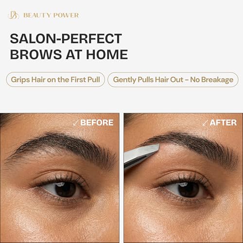 Professional Tweezers in Case - Slant, Durable Lightweight German Stainless Steel, Ultra Precision Tweezers for Eyebrows, Facial Hair, Chin, and Ingrown Hair Removal - Gift Idea - Gray