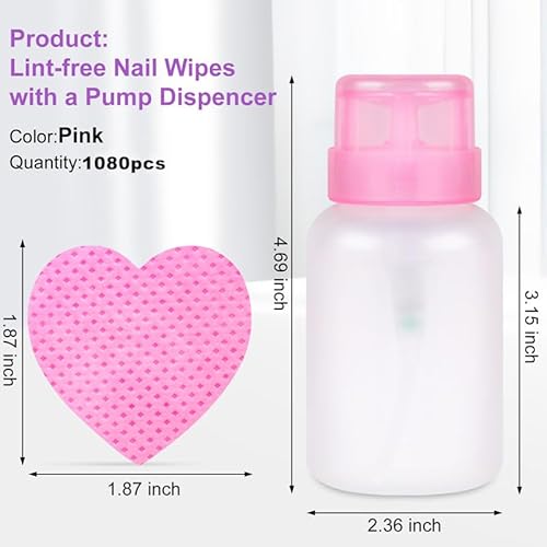 1080 Pieces of Cotton-Free Nail Cleaning Wipes, 1 Pull-Off Pump-Style Bottle, Suitable for Cleaning Nail Polish and Nail Glue, False Eyelash Extension Glue Cleaning Wipes (pink)