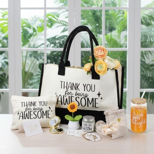 Zopeal 10 Pcs Appreciation Gifts Thank You Gifts Set for Women with Canvas Tote Bag Candle Glass Tumbler Socks Bracelet Makeup Bag for Friend Coworker Teacher Employee Birthday Gift
