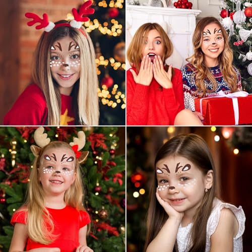Christmas Reindeer Face Tattoos Glitter Temporary Tattoo Cute Deer Fake Tattoos Eyes Face Gems Stickers for Women Girls Christmas Halloween Holiday Party Supplies 2Pcs