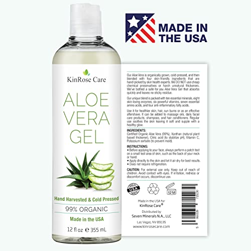 12oz Organic Aloe Vera Gel for Face, Skin, Hair & Sunburn Relief - From 100 Percent Pure Aloe Vera - Cold Pressed, Vegan, Unscented - Made in USA. (Pack of 2)