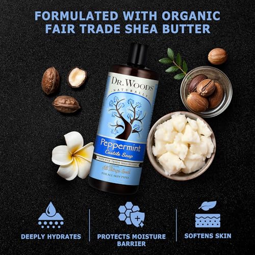 Dr. Woods Peppermint Liquid Castile Soap- Castile Soap with Pure Peppermint Oil, Body Wash for Men and Women, Organic Shea Butter, Natural Cleaner for Face, Hands, and Body - 32 Fl Oz, Pack of 3