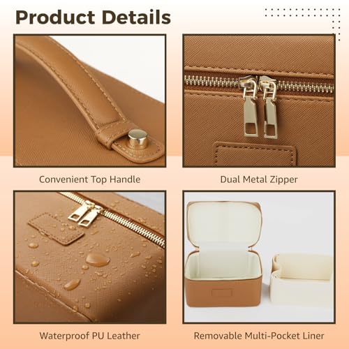 OMISTAR Makeup Vanity Bag for Women - Large Capacity Cosmetic Organizer with Removable Liner, Waterproof PU Leather Skincare Bag, Portable Chic Cosmetic Make Up Case for Skincare, Accessories, Brown