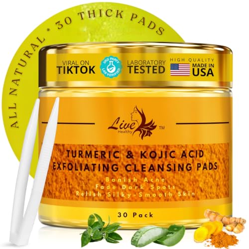 Live Healthy The Original Kojic Acid & Turmeric Cleansing Pads - Exfoliating, Brightening, Face Scrub Pad, Clears Acne - Turmeric Cleansing Pads for Dark Spots with Vitamin C - Made in USA | 30 Count