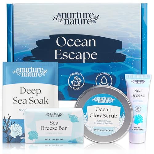 Nurture by Nature Ocean Escape Spa Gift Baskets for Women - 4 Piece Ocean Home Self Care Gift Set with Body Scrub, Bath Salts, Soap & Hand Cream - Pamper Gifts for Women Relax - Cruelty Free & Vegan