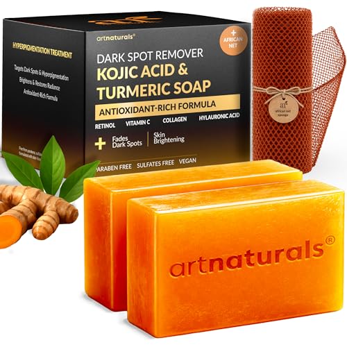 Kojic Acid Soap + African Net Sponge (2 pack X 142g Turmeric bars) Dark spot remover & Scars - Original Japanese Complex Vitamin C, Hyaluronic Acid, retinol, shea butter (Citrus)