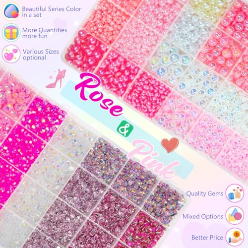 2 Big Boxes Pink Resin Pearls and Rhinestones w B7000 Glue for Bedazzling Crafting Flatback Stones Gems Diamonds Half Pearls Bedazzler Kit for Nails Eyes Face Makeup Tumblers Bottles Crafts