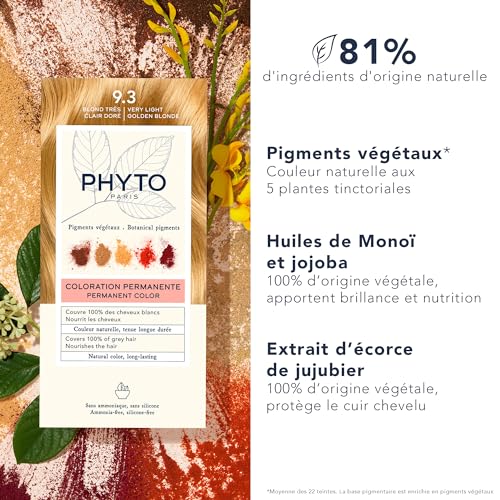 Phytocolor Permanent Hair Color, 9.3 Very Light Golden Blond, with Botanical Pigments, 100% Grey Hair Coverage, Ammonia-free, PPD-free, Resorcin-free