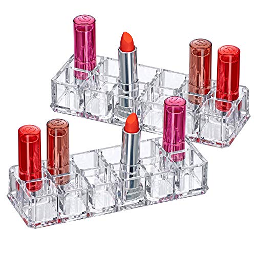 Amazing Abby - Charm - 2-Pack 12-Slot Acrylic Lipstick Organizer, Lipstick Holder, Lip Gloss Holder, Cosmetic Storage Display, Perfect Storage Solution for Drawer and Vanity (Slot Size: 0.9" x 0.9")