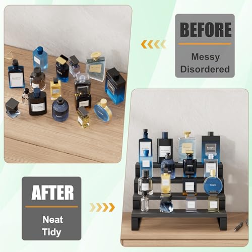 2 Set Black Cologne Organizer for Men, 12 Inch Cologne Stand 4 Tier Perfume Organizer for Dresser, Versatile Step Display Stand Shelf for Fragrance, Skincare, Figurine, Dessert (Wood & Metal)