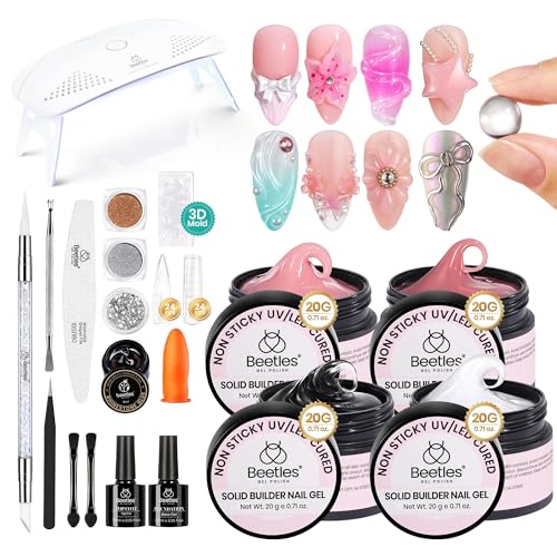 Beetles Solid Builder Gel for Nails,4 Colors Clear Pink White 3D Sculpting Gel Non-Sticky Hand Carving Nail Glue for 3D Nail Art with 3D Mold Chrome Powder Tools Salon DIY at Home,UV&LED Needed