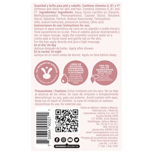 Jaloma Agua de Coco, Coconut Water with Hyaluronic Acid, Moisturizing Blurs Expression Lines, 2 Pack, 8.45 Fl Oz Each Bottle