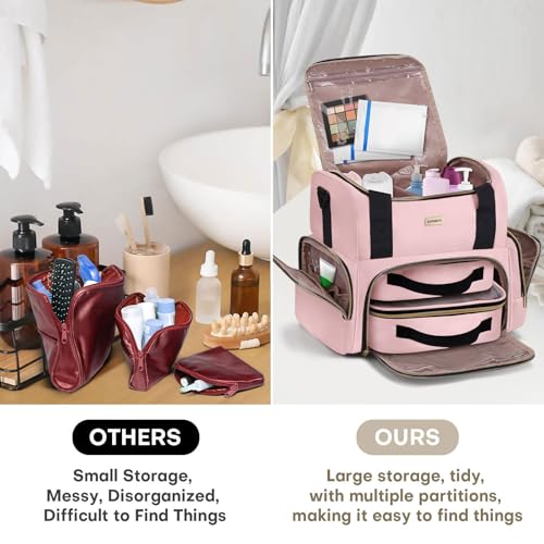 Large Makeup Cosmetic Bag with 2 Removable Case, Double Layer Travel Makeup Organizer Case, travel Toiletry Bag For Women, Pink