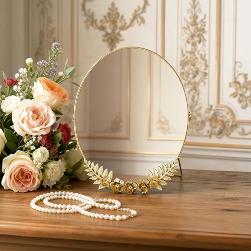 Golden Desk Oval Makeup Mirror with Blossoming Floral Accents ? Lightweight Decorative Tabletop Vanity Mirror for Living Room, Bedroom, 10.04 x 11.81 Inches