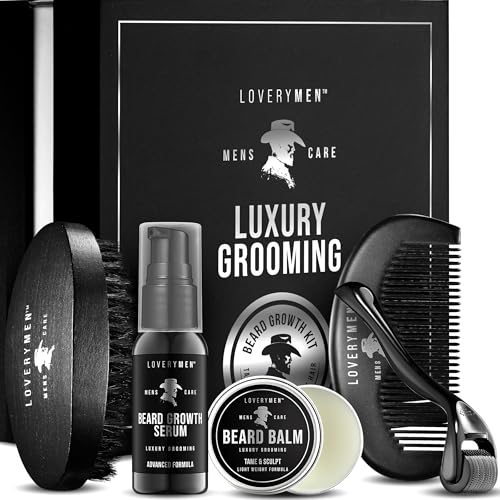 LOVERY Beard Growth Kit - Gifts for Men - Self Care Kit with Beard Serum, Beard Balm, Comb, Beard Brush & More ? Mens Gifts for Him, Boyfriend, Husband, Dad - Enhanced Beard Kit - Birthday Gifts