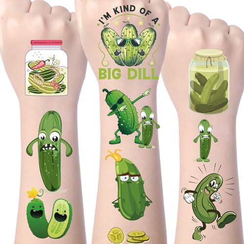 Pickle Temporary Tattoos Decorations - 200+ Funny Pickle Temporary Tattoos Stickers Pickle Themed Green Fruit Vegetable Birthday Party Decorations Supplies