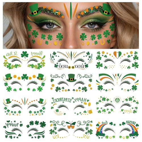 28 Sheets Saint Patrick Face Temporary Tattoo, Green Shamrock Lucky Four Leaf Clover Waterproof Fake Tattoos Face Makeup Freckles Patches For Women Girls St. Patrick's Day Festival Party Supply