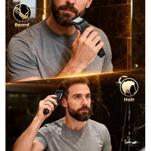 Men's Beard Trimmer-All-in-One Mustache Trimmer for Men with 20 Length Adjustable, Stainless Steel T-Blade for Precision Facial Hair Trimming Cordless IPX7 Waterproof Wet/Dry Clipper,LED Display