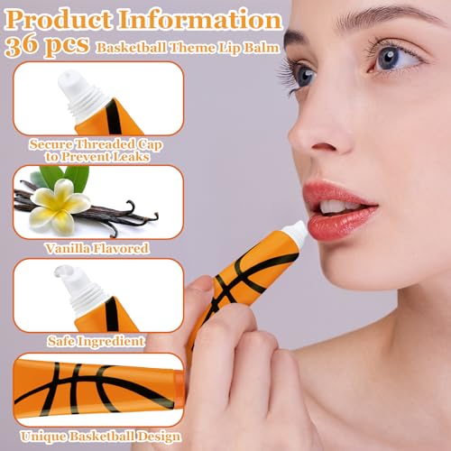 36 Pcs Basketball Party Favors Team Gifts Basketball Lip Balm Bulk 0.35 oz Vanilla Flavored Moisturizing Lip Sports Gift for Team Teen Adults Birthday Party Game Supplies