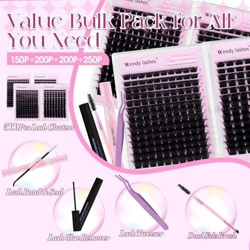 Fluffy Lash Clusters Kit Bulk Packs: Wendy, 560Pcs, 150D, 200D, 200D, 250D, D Curl, 10-18mm Mixed, Thick, Volume, Soft, DIY Eyelash, Individual, Natural, Fake Lashes