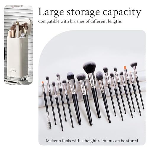 Automatic Lifting Makeup Brush Holder with Lid Dustproof Cosmetic Organizers for Vanity-White