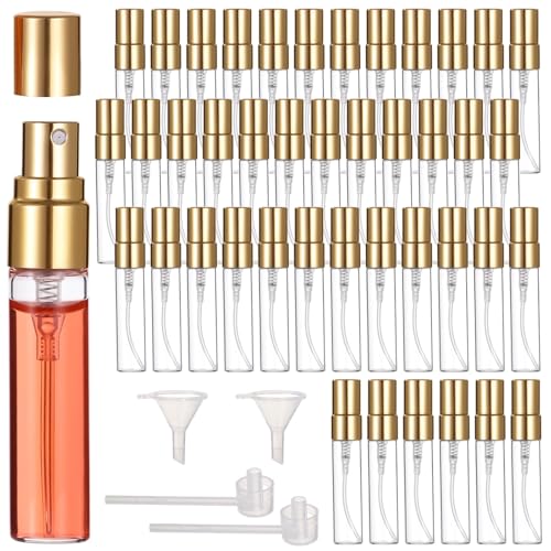 Lnrueg 50 Pcs 5 ml Perfume Bottles - Small Refillable Glass Perfume Bottles, Portable Travel Sample Containers with Caps, Fine Mist Atomizers with 2 Funnels and 2 Dispensers, Gold