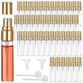 Lnrueg 50 Pcs 5 ml Perfume Bottles - Small Refillable Glass Perfume Bottles, Portable Travel Sample Containers with Caps, Fine Mist Atomizers with 2 Funnels and 2 Dispensers, Gold