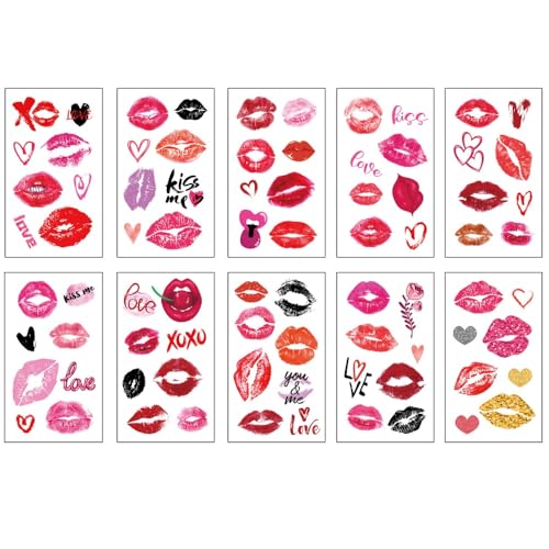 Lip Prints Temporary Tattoos Mixed Styles Lip Tattoo Fake Tattoos Stickers Kiss Prints Face Tattoo Waterproof Face Tattoo Pink Valentine's Day Decoration for Women 10 Sheets
